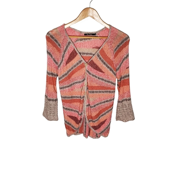 Sweaters - Slouchy Stripes Peach Pink and Tan Radial Natural Style Cardigan